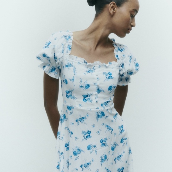 Zara Short Floral Print Dress Blue and White size S - Picture 3 of 8